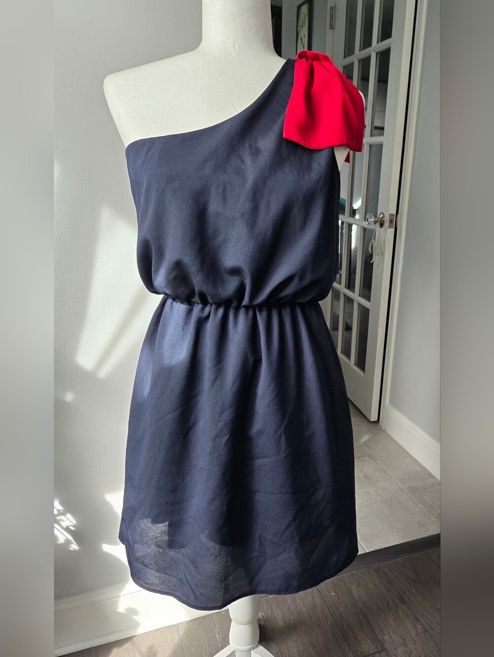 Newbury Kustom Navy One-Shoulder Dress with Red Bow Size S